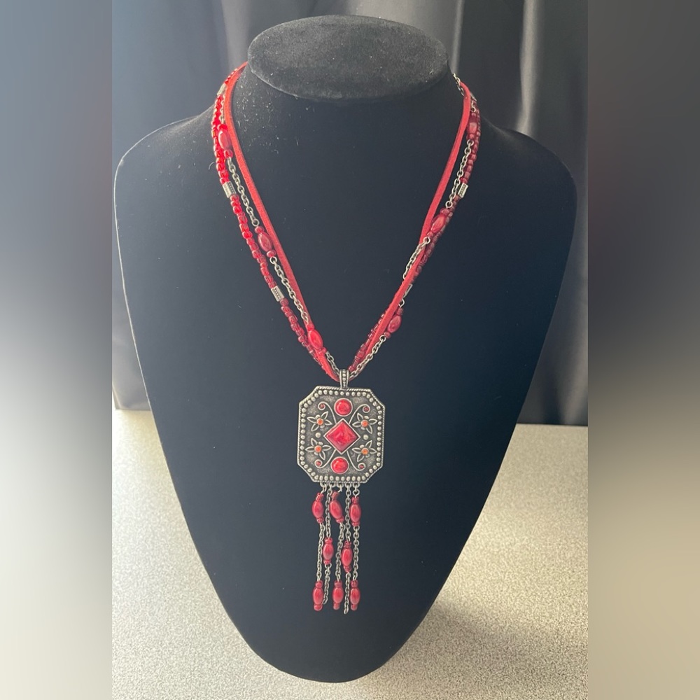 Vintage Red & Silver Toned Pendant Necklace